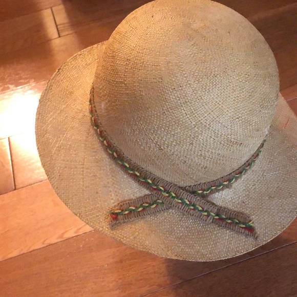 Vintage straw hat with burlap rimmed embellishment - Picture 2 of 6